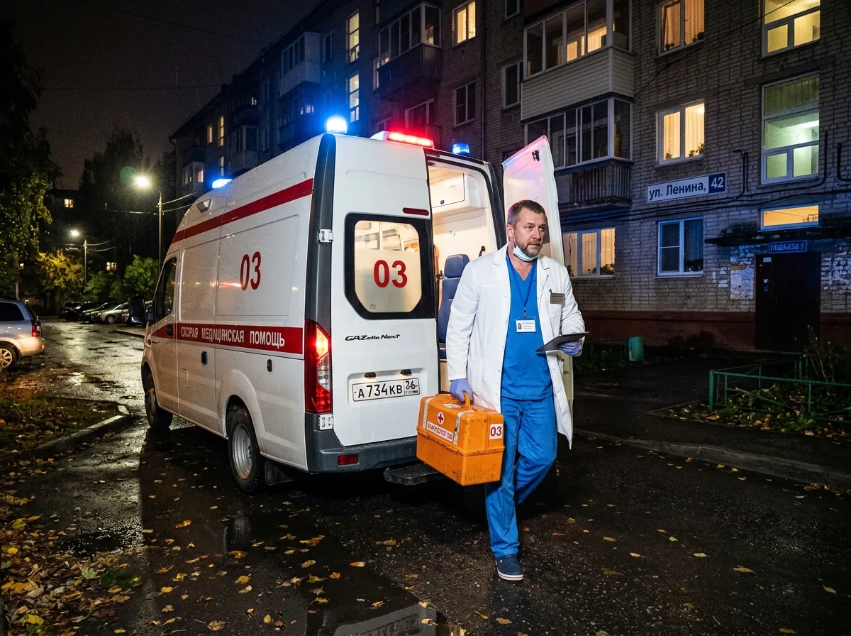 Врач-нарколог в белом халате с медицинским чемоданом выходит из машины скорой помощи ночью у жилого дома в Воронеже, атмосфера профессиональной срочной медицинской помощи